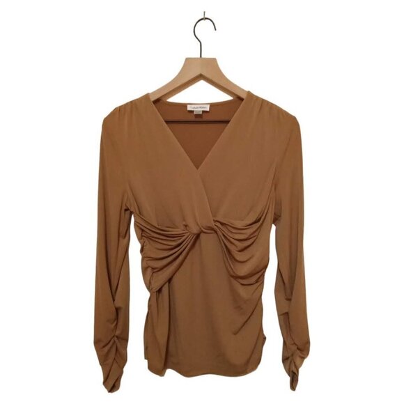 CALVIN Klein Tan V-Neck Ruched Twist Front Long Sleeve Blouse Sz M - Picture 1 of 7